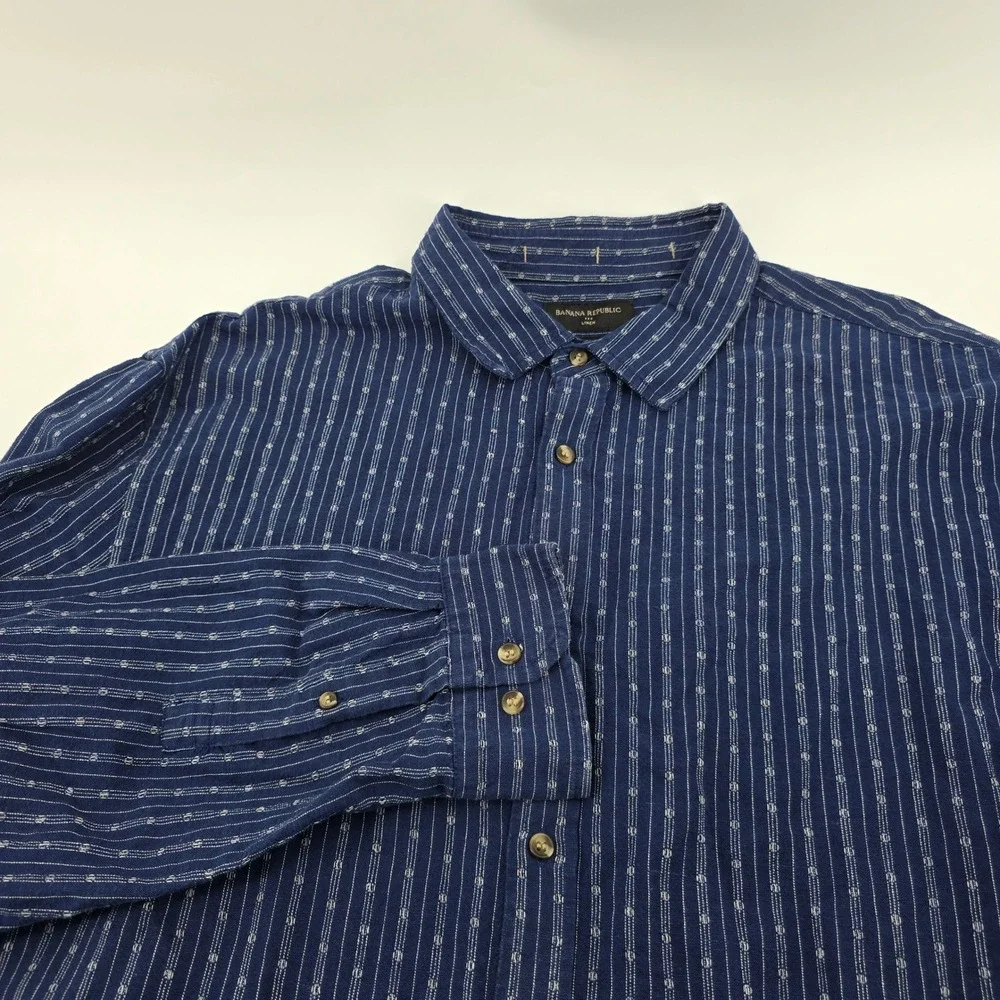 Banana Republic Button Down Shirt Mens Untucked Fit Linen Blend Blue Stripe XXL